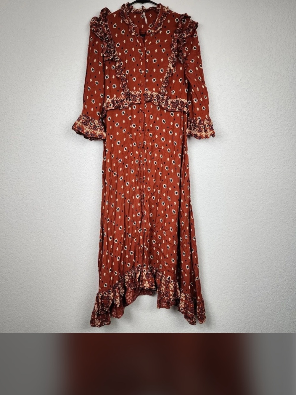 Free People Boho Chic Long Sleeve Floral Dress in Rust